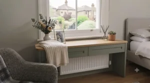 White under window chest of drawers styled with indoor plants and a small table lamp