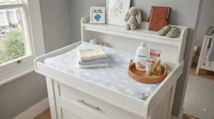 A contemporary grey changing table chest of drawers styled with framed prints and a wicker storage basket.