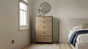 Tall and narrow white soft-close chest of drawers fitted neatly against a neutral bedroom wall.