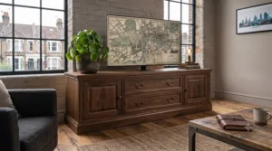 Traditional dark grey painted wooden TV cabinet with matching drawer space for a classic UK home interior.