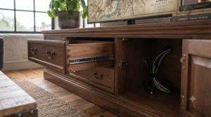 Close-up of cable management holes and smooth-gliding drawer runners on a multipurpose TV storage unit.