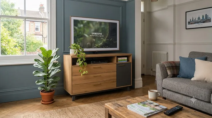 Modern TV stand chest of drawers combo unit in a contemporary British living room, styled with neutral wood tones. TV stand chest of drawers combo unit