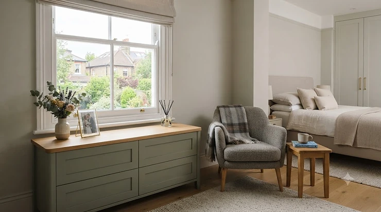 Modern oak under window chest of drawers styled in a bright British bedroom