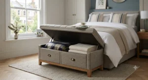 An upholstered wooden storage bench with drawers for the bedroom, styled with scatter cushions as an occasional dressing seat.