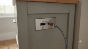 Close-up view of built-in USB-A and USB-C charging ports neatly integrated into the side panel of a modern bedside chest of drawers.
