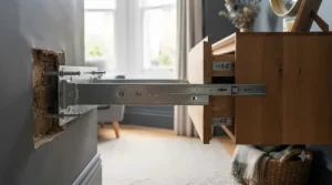 Heavy-duty concealed brackets and fixings for securely installing a floating chest of drawers on a solid wall.