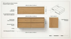Technical drawing showing height, width, and clearance measurements for fitting a floating chest of drawers safely.