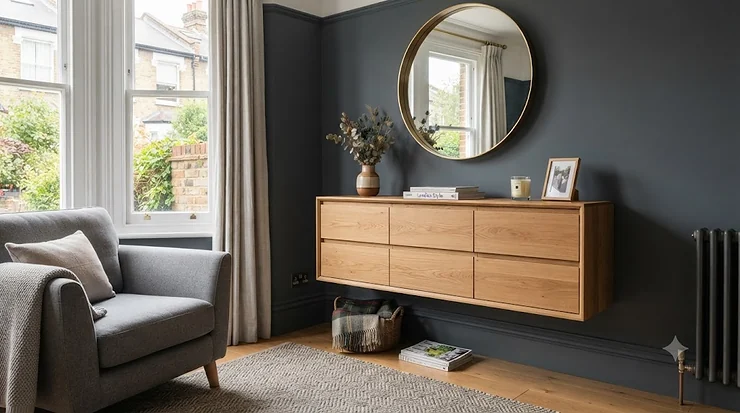 Modern oak wall-mounted chest of drawers in a stylish British living room, showcasing space-saving floating storage. wall-mounted chest of drawers