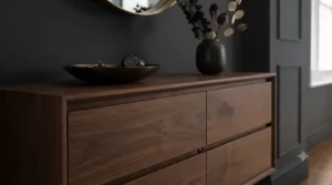 Rich dark walnut wall-mounted chest of drawers highlighting the natural wood grain and seamless push-to-open handles.