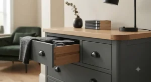 Contemporary white high-gloss corner chest of drawers reflecting light in a modern minimalist hallway.