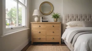 A traditional oak standard chest of drawers complementing a neutral-toned British interior design scheme.