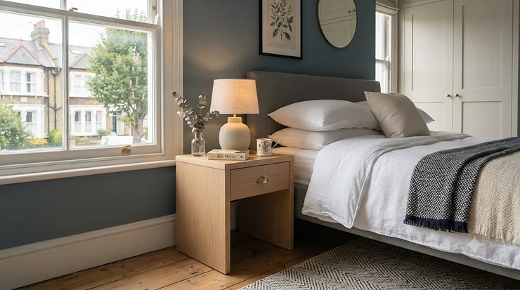 Modern oak 1 drawer bedside table styled beside a neutral bed in a British bedroom 1 drawer bedside table