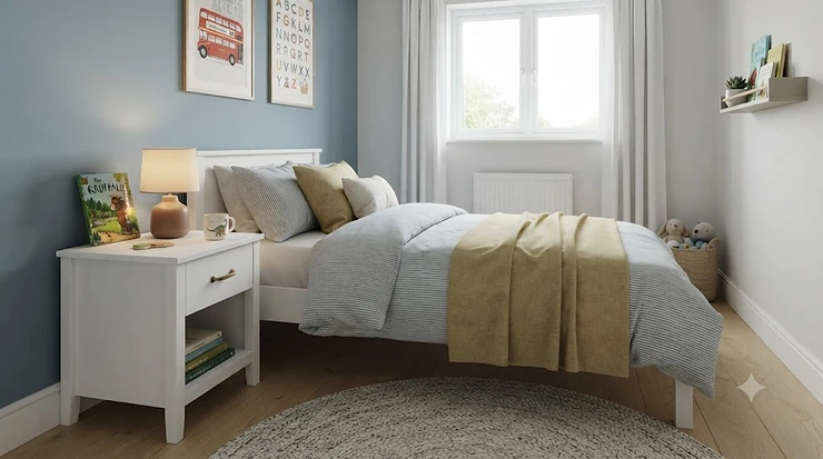 White wooden 1 drawer nightstand styled beside a children's single bed in a modern UK kid's bedroom, featuring a brass pull handle and a small bedside lamp. 1 drawer nightstand for kids room