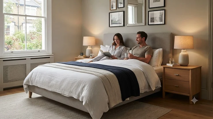 A matching pair of industrial-style bedside tables with dark textured metal frames and rustic wood fronts, styled symmetrically on either side of a metal bed frame in a loft-style bedroom. 2 drawer bedside table for couples