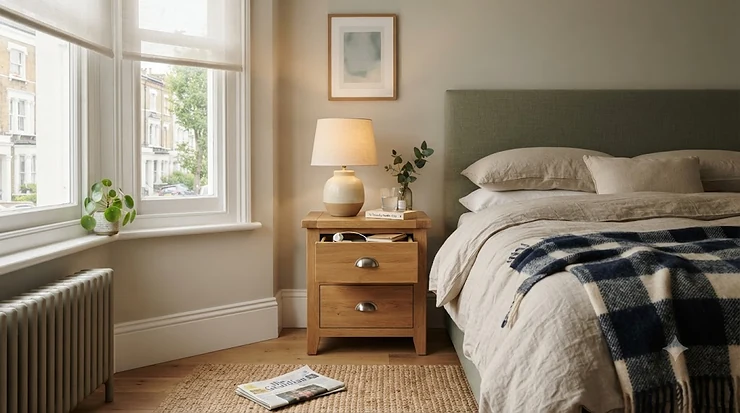 A solid oak 2 drawer bedside table styled beside a neutral modern bed in a UK bedroom. 2 drawer bedside table