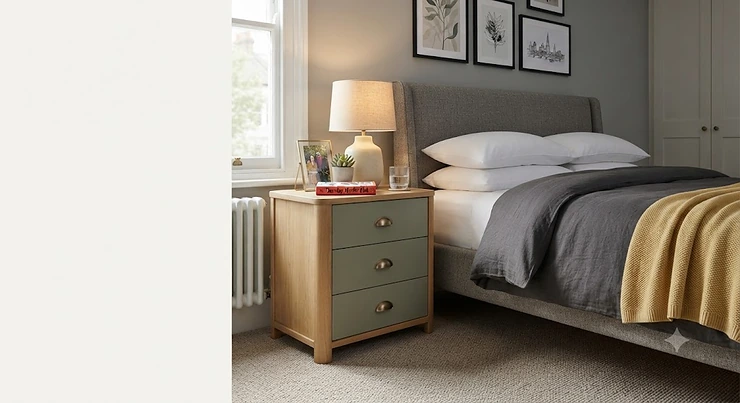 Stylish 3 drawer nightstand for master bedroom styled with a ceramic lamp and brass hardware against a neutral wall 3 drawer nightstand for master bedroom