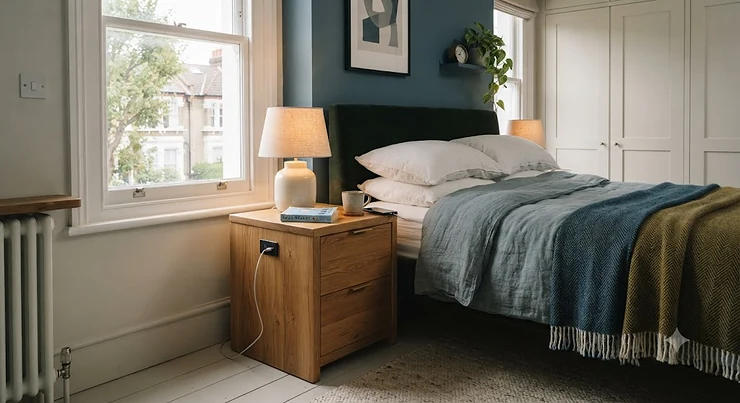 A stylish bedside chest with a built-in USB port placed next to a neatly made double bed in a modern British bedroom, illuminated by natural morning light. bedside chest with USB port