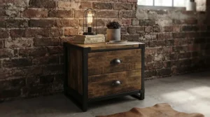 Industrial-style black metal and wood 2 drawer bedside chest against an exposed brick wall.