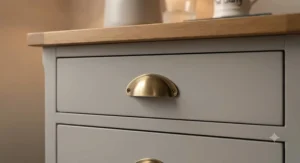 Brushed brass handles on a modern tall bedside chest for small rooms, adding a touch of elegance to a compact bedroom.
