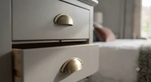 Brushed brass handles on a contemporary tall bedside chest unit