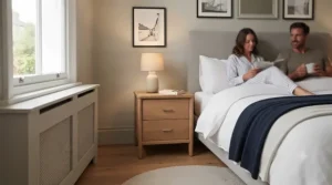 A detailed look at the open top drawer of the industrial bedside table, revealing organised contents including a pair of spectacles, a paperback book, and a sleep mask, showcasing practical storage.