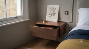 Dark walnut floating bedside cabinet paired with dark grey feature wall panelling