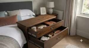 Open drawers of a tall bedside chest displaying deep storage for night-time essentials