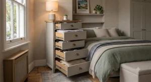 Open drawers on a tall bedside chest for small rooms, demonstrating ample storage capacity for folded garments and essentials.