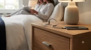 A close-up view of the industrial bedside table surface, showing a ceramic mug, a vintage-style wire cage lamp, and a braided grey USB charging cable plugged into a port on the table top.
