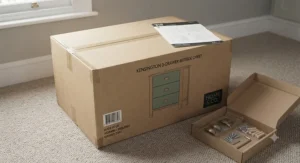 Flat pack packaging box for a 3 drawer nightstand ready for home assembly in the UK