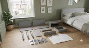 Components of a flat-pack narrow bedside table laid out clearly before assembly with simple instruction guides.