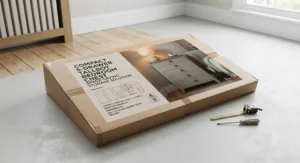 Flat-pack packaging layout for a tall bedside chest for small rooms, ready for quick home assembly.