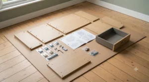 Flat-pack 1 drawer bedside table panels laid out ready for home assembly