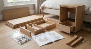 Flat-pack components and pre-drilled dowels for a sturdy narrow nightstand with simple step-by-step assembly instructions.