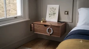 Floating bedside shelf equipped with a built-in cable management slot for phone chargers