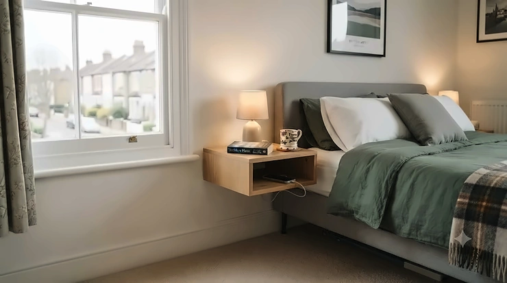 A beautifully styled modern bedroom in a London flat featuring a light oak floating bedside table mounted securely without drilling, ideal for rental properties. The scene includes natural daylight from a sash window overlooking terraced houses, a grey upholstered bed with sage green linen bedding, a tartan throw, and a mug of tea on the nightstand. floating bedside table for renters