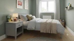 Modern grey 1 drawer bedside table in a neutral children's bedroom, showcasing smooth runner drawers and compact storage space for books and toys.
