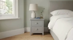 Fully assembled grey 2 drawer bedside table featuring brushed metal handles.