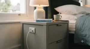 A chic grey bedside chest of drawers with sleek metal handles and an accessible USB port for bedside electronics.