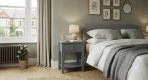 Modern grey-painted narrow bedside table with brushed metal hardware placed against a neutral feature wall.