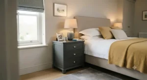 Modern guest bedroom showing a dark grey painted 3 drawer bedside cabinet styled with a ceramic lamp.