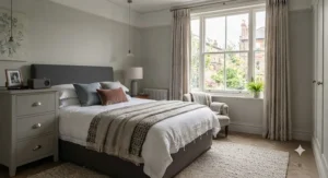 Grey painted tall bedside chest styled with a stylish bedside lamp and alarm clock