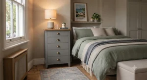 Contemporary grey-painted tall bedside chest for small rooms styled with a modern ceramic lamp and alarm clock.
