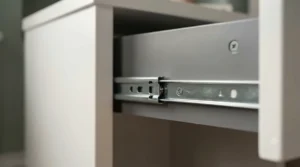 Close-up of smooth metal runner on a grey wooden 1 drawer nightstand