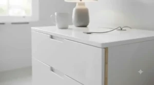 A detailed shot of the right-hand industrial bedside table, mirroring the left, with both drawers partially open. The texture of the dark metal frame and the rich grain of the rustic wood fronts are clearly visible.