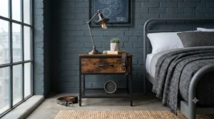 Industrial metal and dark wood 1 drawer bedside unit in an urban flat setting