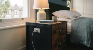 An industrial-style bedside chest combining dark timber and a metal frame, featuring a convenient USB port.