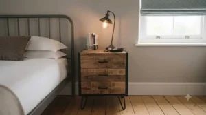 Industrial style 3 drawer bedside table featuring rustic wood grain and black metal hairpin legs.