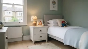 Low-profile white bedside drawer unit styled safely next to a child's single bed with storybooks on top.