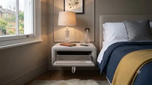 Luxury upholstered floating bedside unit complementing a plush grey fabric headboard